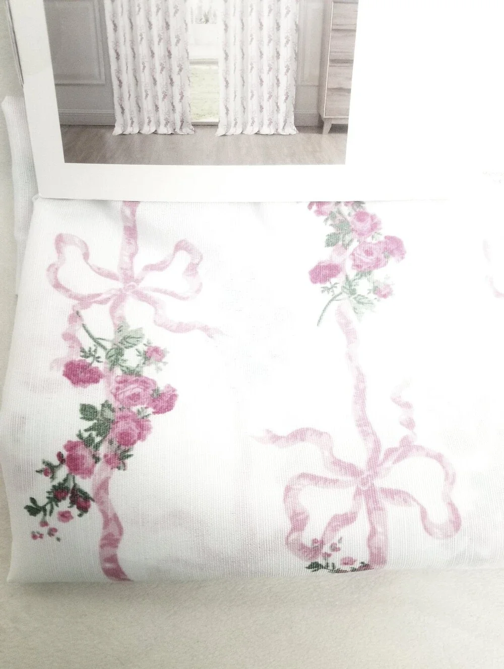 Laura Ashley White and Pink Floral Ribbon Pole Top Curtains Bow Curtain Set Of 2